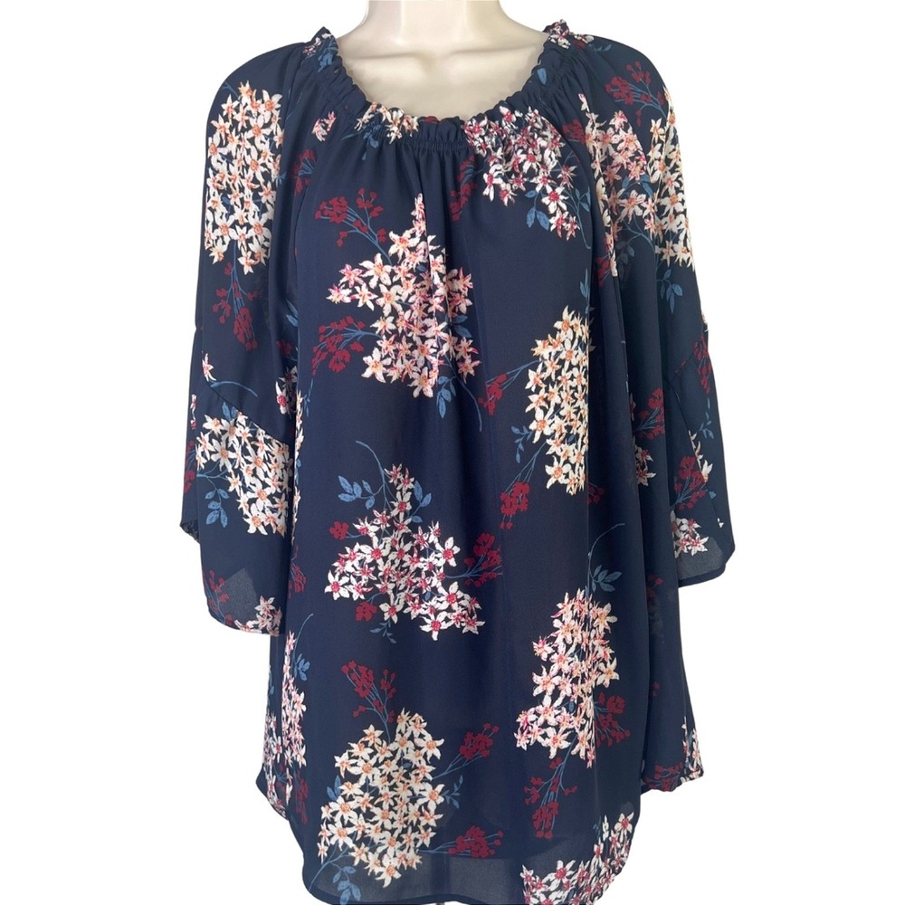 Violet + Claire Sheer Blouse Floral Navy Chiffon Bell Sleeve Boho Peasant Top 1X